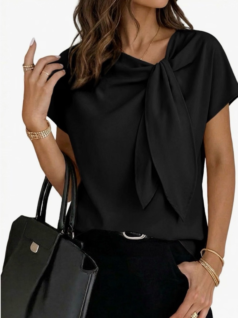 Elegant Black Tie-Neck Women's Top